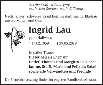 Traueranzeige von Ingrid Lau von Märkische Oderzeitung