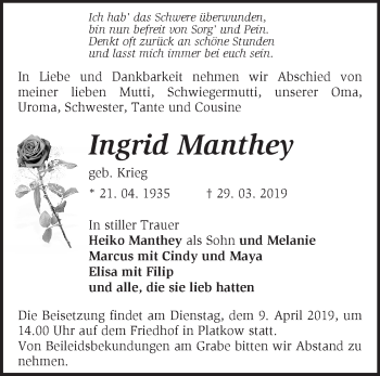 Traueranzeige von Ingrid Manthey von Märkische Oderzeitung