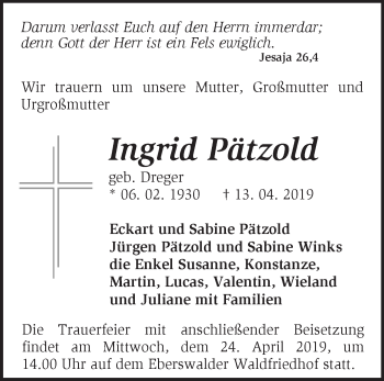 Traueranzeige von Ingrid Pätzold von Märkische Oderzeitung