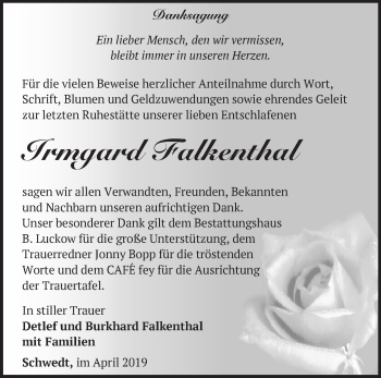 Traueranzeige von Irmgard Falkenthal von Märkische Oderzeitung