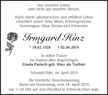 Traueranzeige von Irmgard Hinz von Märkische Oderzeitung