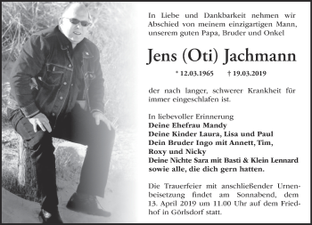 Traueranzeige von Jens Jachmann von Märkische Oderzeitung