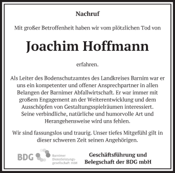 Traueranzeige von Joachim Hoffmann von Märkische Oderzeitung