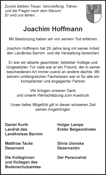 Traueranzeige von Joachim Hoffmann von Märkische Oderzeitung