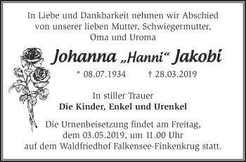 Traueranzeige von Johanna Jakobi von Märkische Oderzeitung