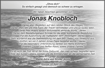 Traueranzeige von Jonas Knobloch von Märkische Oderzeitung