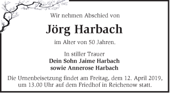 Traueranzeige von Jörg Harbach von Märkische Oderzeitung