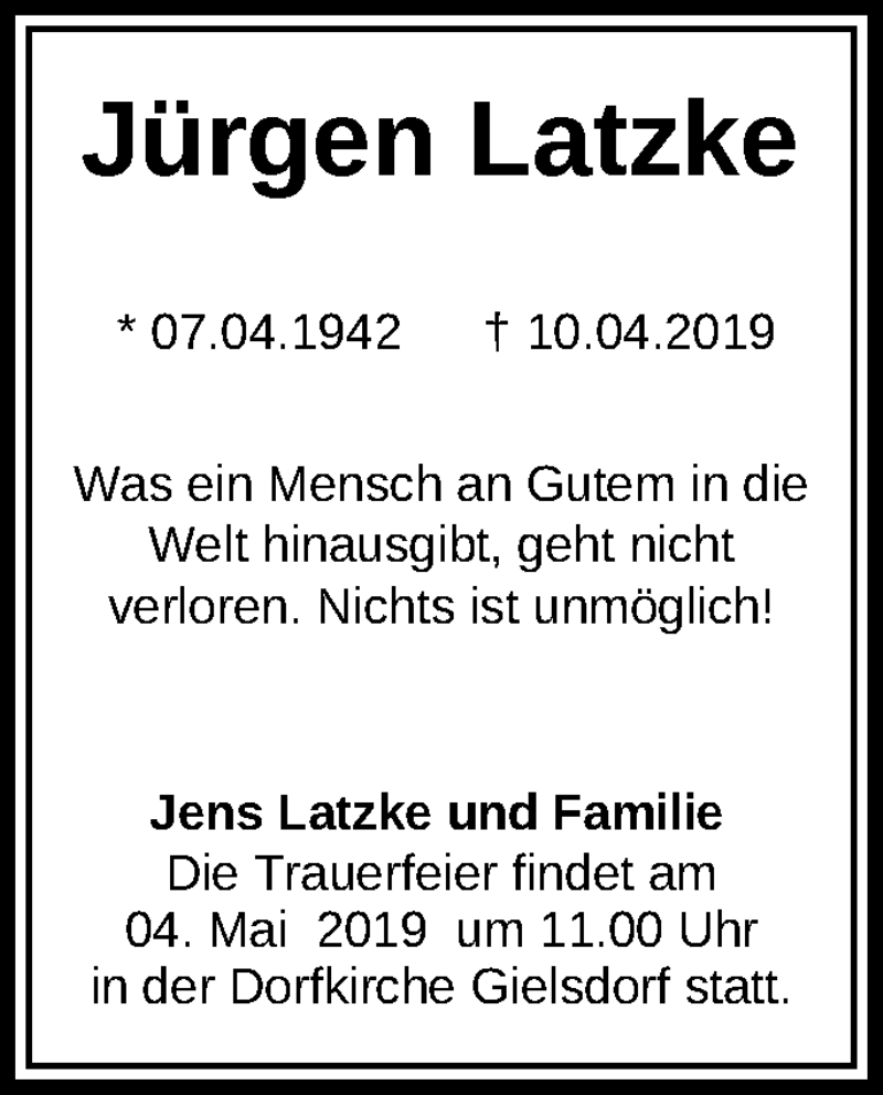  Traueranzeige für Jürgen Latzke vom 21.04.2019 aus Märkische Oderzeitung