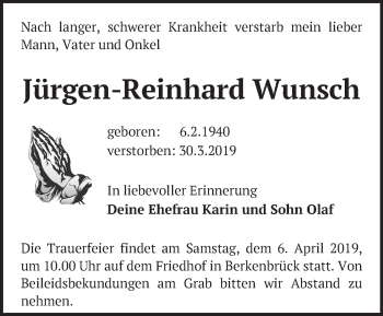 Traueranzeige von Jürgen-Reinhard Wunsch von Märkische Oderzeitung