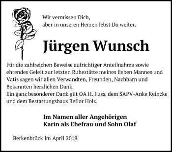 Traueranzeige von Jürgen Wunsch von Märkische Oderzeitung