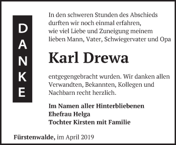 Traueranzeige von Karl Drewa von Märkische Oderzeitung