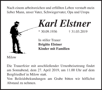 Traueranzeige von Karl Elstner von Märkische Oderzeitung