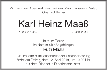 Traueranzeige von Karl Heinz Maaß von Märkische Oderzeitung