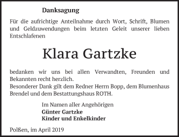 Traueranzeige von Klara Gartzke von Märkische Oderzeitung