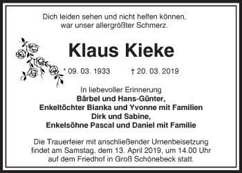 Traueranzeige von Klaus Kieke von Märkische Oderzeitung