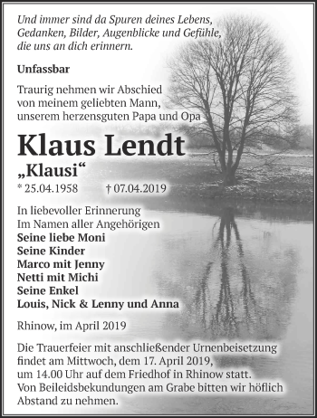 Traueranzeige von Klaus Lendt von Märkische Oderzeitung