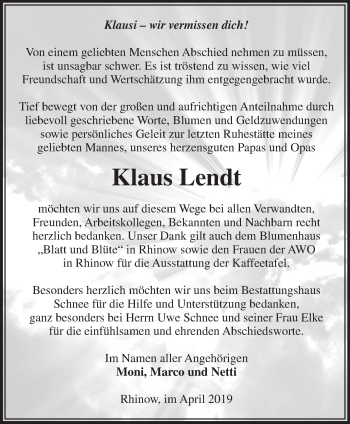 Traueranzeige von Klaus Lendt von Märkische Oderzeitung