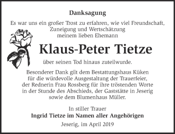 Traueranzeige von Klaus-Peter Tietze von Märkische Oderzeitung