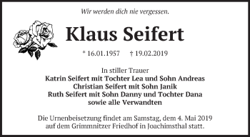 Traueranzeige von Klaus Seifert von Märkische Oderzeitung