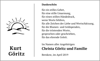 Traueranzeige von Kurt Göritz von Märkische Oderzeitung