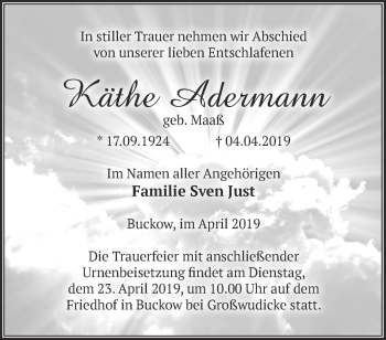 Traueranzeige von Käthe Adermann von Märkische Oderzeitung