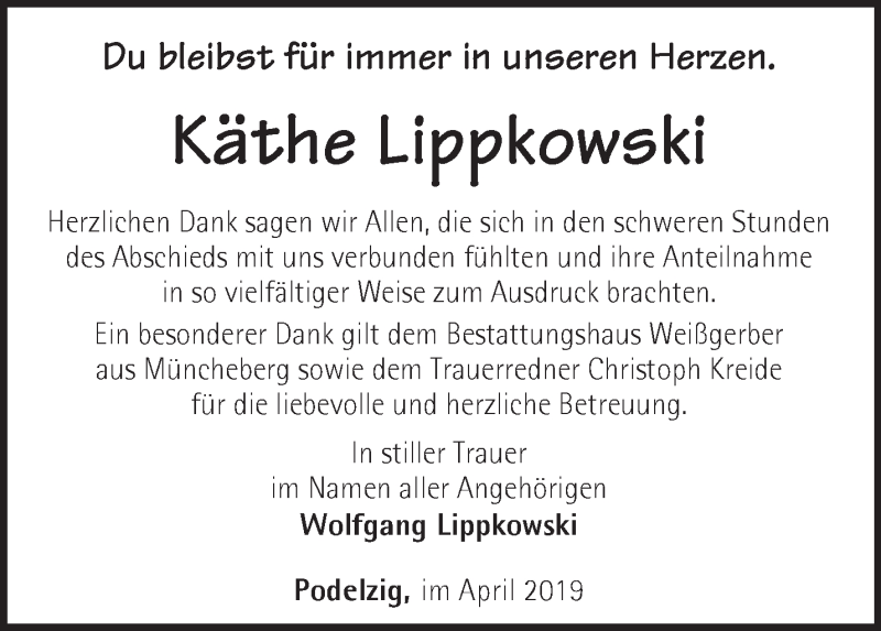  Traueranzeige für Käthe Lippkowski vom 17.04.2019 aus Märkische Oderzeitung