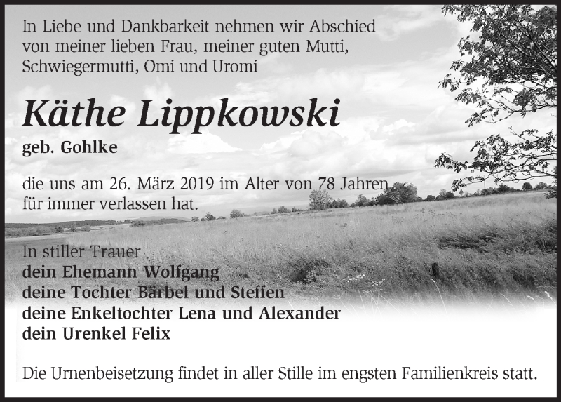  Traueranzeige für Käthe Lippkowski vom 03.04.2019 aus Märkische Oderzeitung