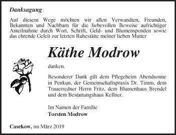 Traueranzeige von Käthe Modrow von Märkische Oderzeitung