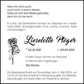 Traueranzeige von Lieselotte Plöger von Märkische Oderzeitung