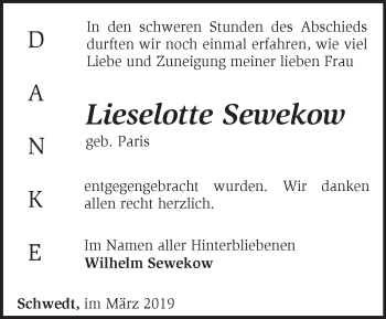 Traueranzeige von Lieselotte Sewekow von Märkische Oderzeitung