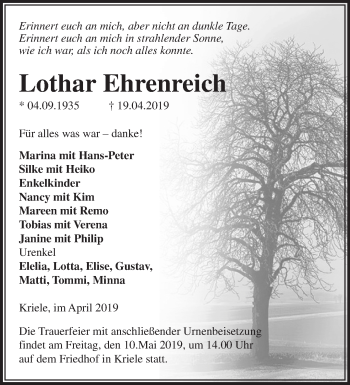 Traueranzeige von Lothar Ehrenreich von Märkische Oderzeitung