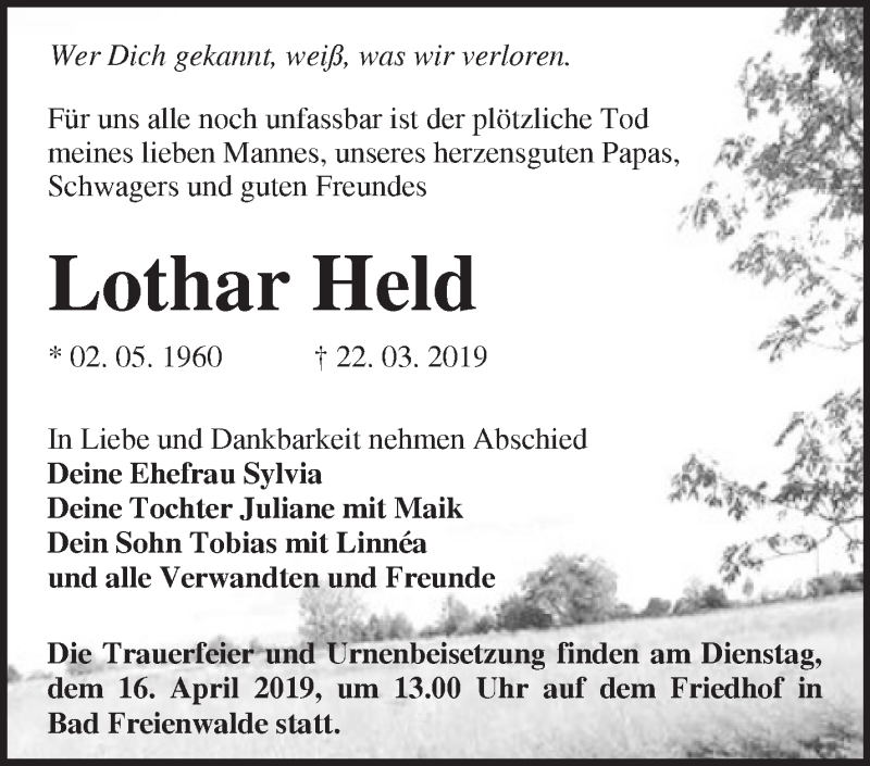  Traueranzeige für Lothar Held vom 07.04.2019 aus Märkische Oderzeitung