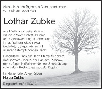 Traueranzeige von Lothar Zubke von Märkische Oderzeitung