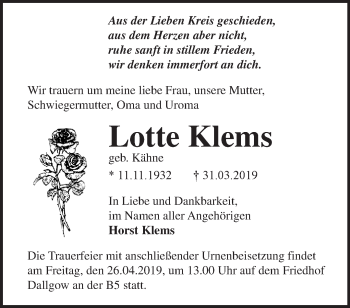 Traueranzeige von Lotte Klems von Märkische Oderzeitung