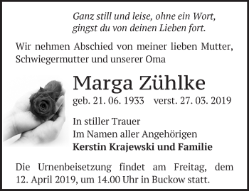 Traueranzeige von Marga Zühlke von Märkische Oderzeitung