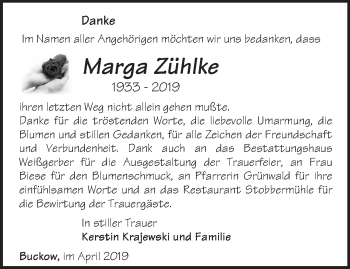 Traueranzeige von Marga Zühlke von Märkische Oderzeitung