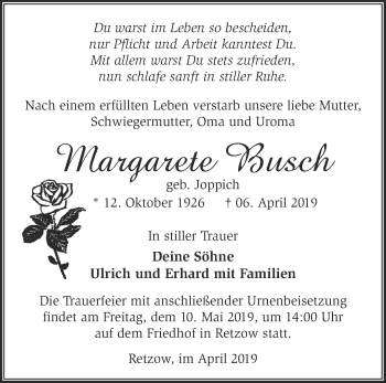 Traueranzeige von Margarete Busch von Märkische Oderzeitung