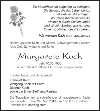 Traueranzeige von Margarete Koch von Märkische Oderzeitung