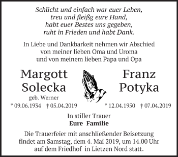 Traueranzeige von Margott und Franz  von Märkische Oderzeitung