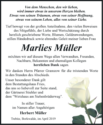 Traueranzeige von Marlies Müller von Märkische Oderzeitung