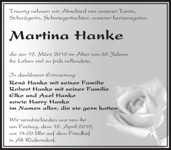 Traueranzeige von Martina Hanke von Märkische Oderzeitung