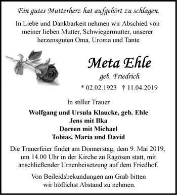 Traueranzeige von Meta Ehle von Märkische Oderzeitung