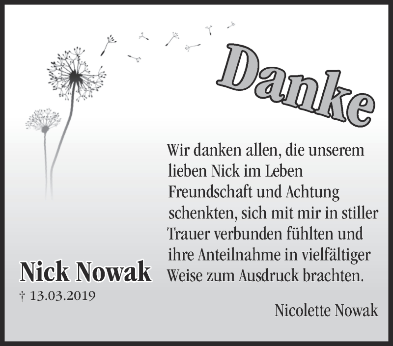  Traueranzeige für Nick Nowak vom 17.04.2019 aus Märkische Oderzeitung
