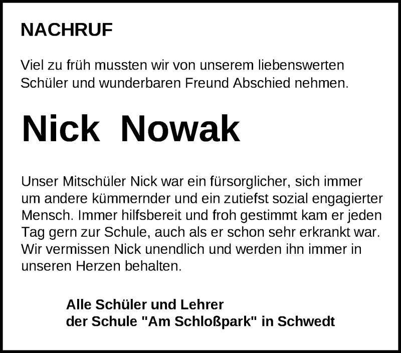  Traueranzeige für Nick Nowak vom 07.04.2019 aus Märkische Oderzeitung