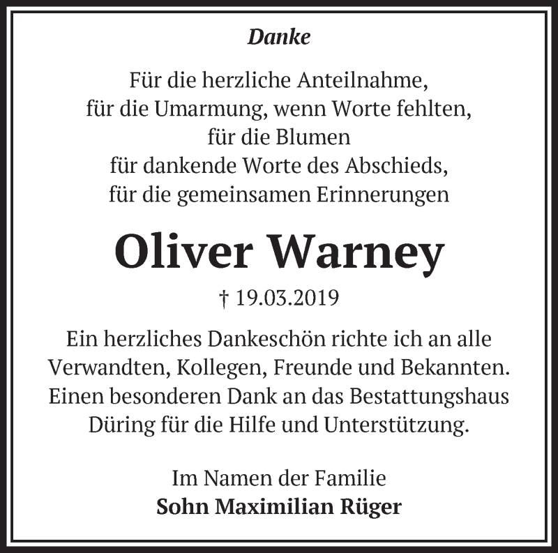  Traueranzeige für Oliver Warney vom 20.04.2019 aus Märkische Oderzeitung