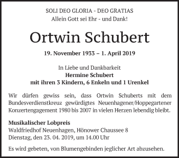 Traueranzeige von Ortwin Schubert von Märkische Oderzeitung