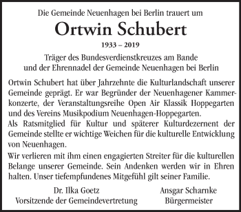 Traueranzeige von Ortwin Schubert von Märkische Oderzeitung