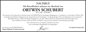 Traueranzeige von Ortwin Schubert von Märkische Oderzeitung