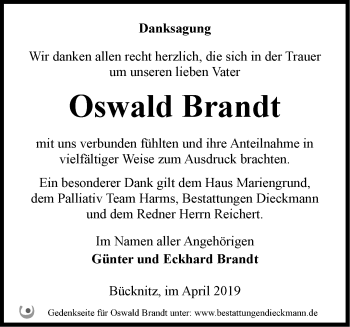 Traueranzeige von Oswald Brandt von Märkische Oderzeitung