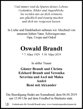 Traueranzeige von Oswald Brandt von Märkische Oderzeitung